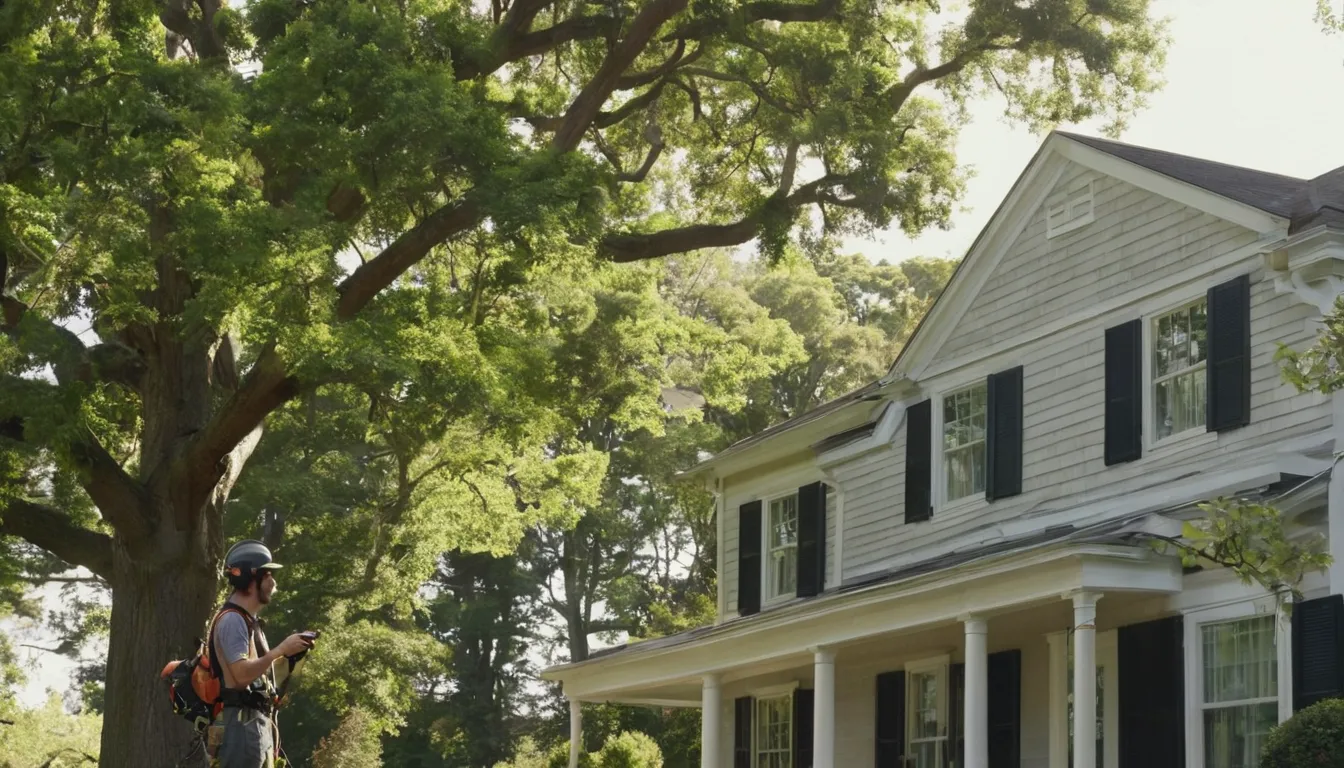 Friendly provider and homeowner reviewing a tree near a house in Tinton Falls